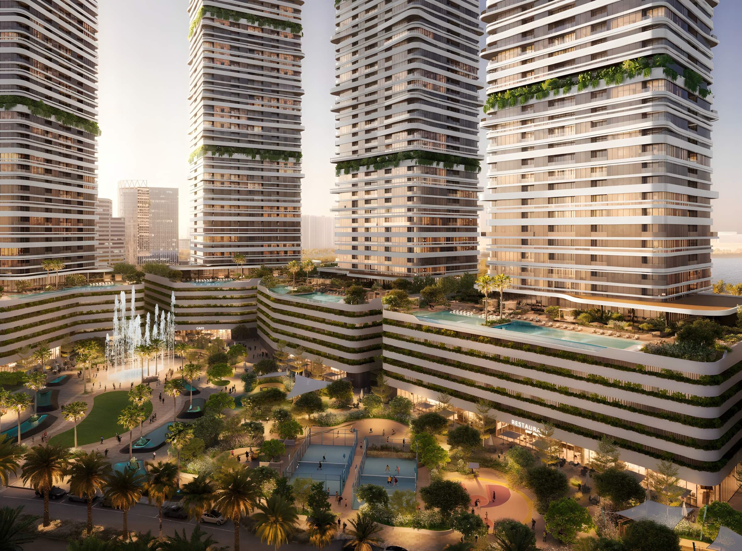 Ground-level plaza at Linar — fountains, courts, gardens and podium pools